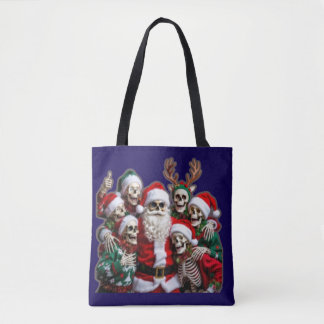 Kerstgroepfoto met Skelet Santa – Feestelijke 3D Tote Bag