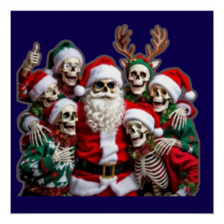 Kerstgroepfoto met skelet-sinterklaas – Feestelijk Perfect Poster