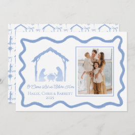 Kerstgroet bij de Kerststal, gezinsfoto met Kerst Feestdagenkaart