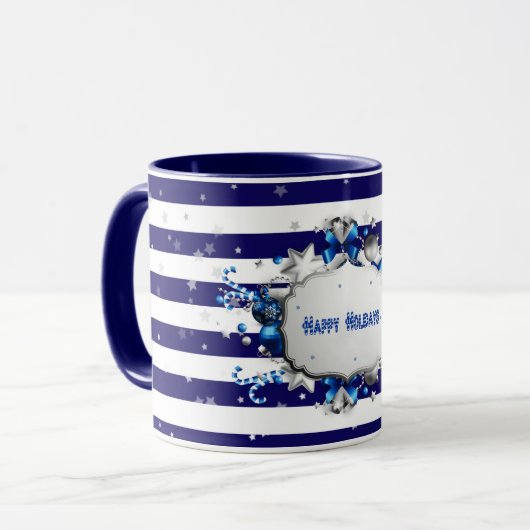 Kerstgroet Blauw Gestreepte Mok (Voorkant links)