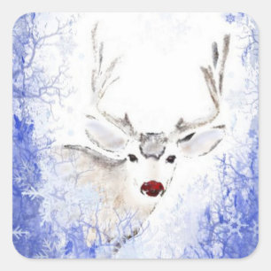 kerstgroet Deer Blue Snowflakes Vierkante Sticker
