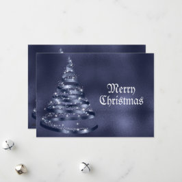 Kerstgroet Glanzend Blauw Lint Boom Glinstering Feestdagenkaart