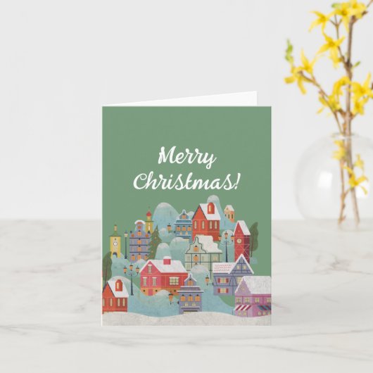 Kerstgroet in de winterstad kaart (Gele Bloem)