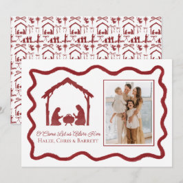 Kerstgroet in kerststal, gezinsfoto met Kerstmis Feestdagenkaart