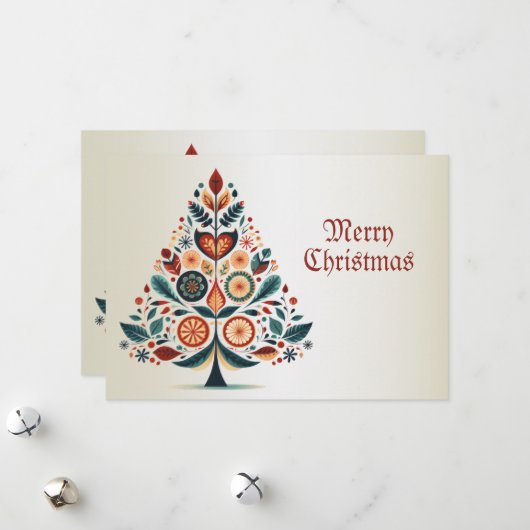 Kerstgroet Kleurrijke Tree Folk Art Feestdagenkaart (Voorkant / Achterkant in situ)