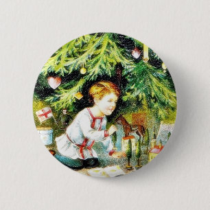 Kerstgroet met een jongen die onder de de speelt ronde button 5,7 cm