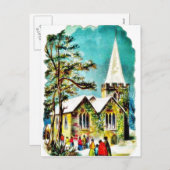 Kerstgroet met mensen naar de kerk feestdagenkaart (Voorkant / Achterkant)