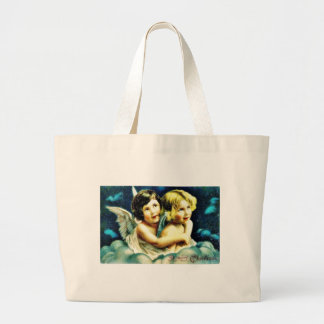 Kerstgroet met twee engelen die omhelzen grote tote bag