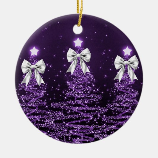 Kerstgroet Paarse Kerstbomen Zilver Keramisch Ornament (Voorkant)