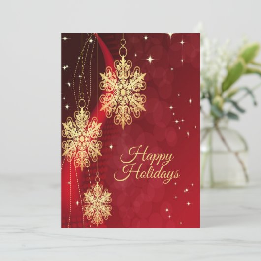 Kerstgroet Rode Gouden Sneeuwvlokken Feestdagenkaart (Staand voorkant)