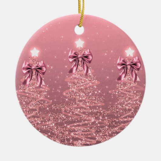 Kerstgroet Roze Kerstbomen met Strikken Keramisch Ornament (Voorkant)