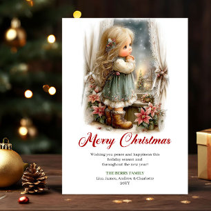 Kerstgroet Schattig Klein Meisje Kerst Scene Kunst Feestdagenkaart