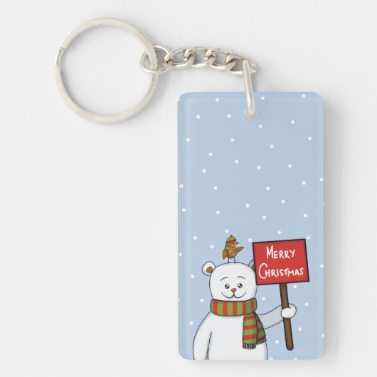 Kerstgroet van ijsbeer en roodborstje sleutelhanger (Voorkant)