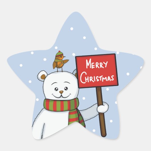 Kerstgroet van ijsbeer en roodborstje ster sticker (Voorkant)