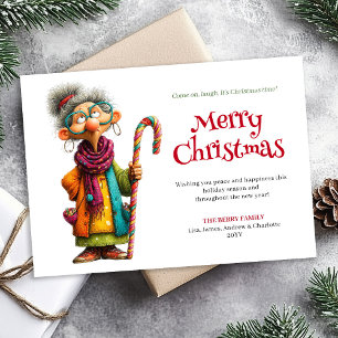 Kerstgroet van komische dame Bewerkbare download Feestdagenkaart