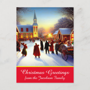 Kerstgroet van Nostalgische Village Churchgoers Feestdagenkaart