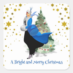 Kerstgroet van Vintage Dame in Blauw Vierkante Sticker