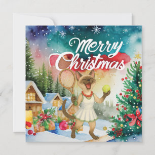 Kerstgroet voor kattenliefhebbers met tennis feestdagenkaart