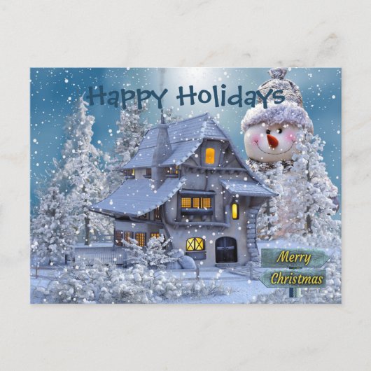 Kerstgroet Winter Sneeuwman Blauw Rustiek Briefkaart (Voorkant)