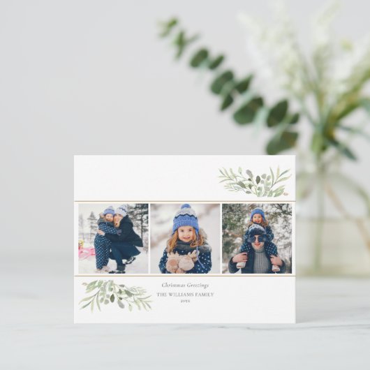 Kerstgroeten 3 Foto Groene Modern  Feestdagenkaart (Staand voorkant)