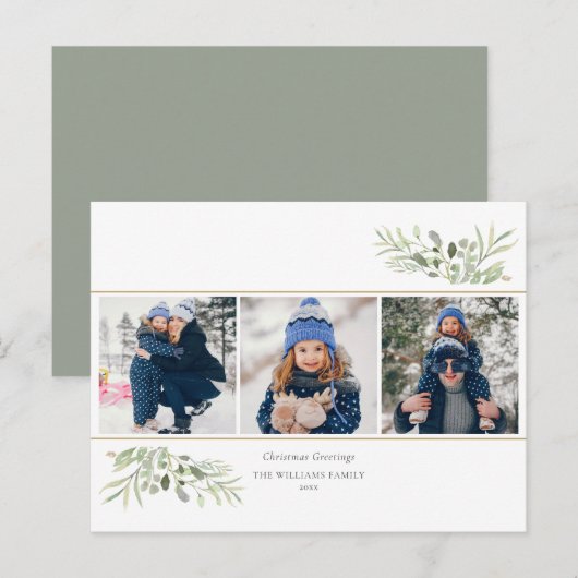 Kerstgroeten 3 Foto Groene Modern  Feestdagenkaart (Voorkant / Achterkant)