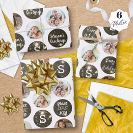 Kerstgroeten 6 Foto Monogram Gouden Sparkle Inpakpapier Vel