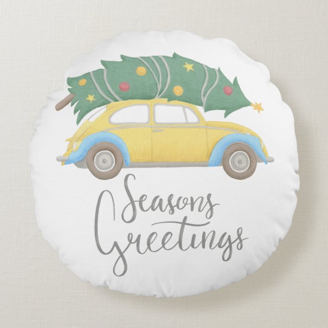 Kerstgroeten Auto & Boom Rond Kussen (Voorkant)