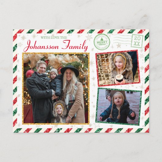 Kerstgroeten Familie Foto Glitter Air Mail Briefkaart (Voorkant)