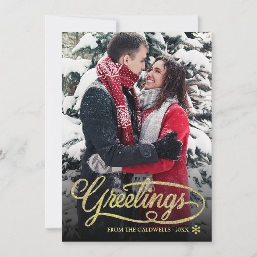 Kerstgroeten Gold Glitter Script Stippen Foto Feestdagenkaart (Voorkant)