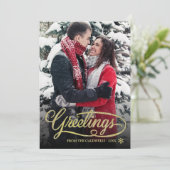 Kerstgroeten Gold Glitter Script Stippen Foto Feestdagenkaart (Staand voorkant)