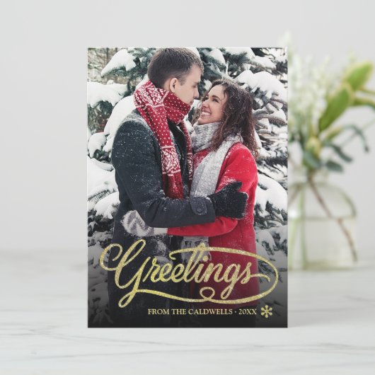 Kerstgroeten Gold Glitter Script Stippen Foto Feestdagenkaart (Staand voorkant)