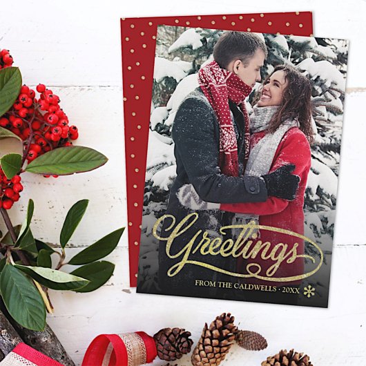 Kerstgroeten Gold Glitter Script Stippen Foto Feestdagenkaart