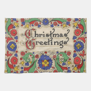 Kerstgroeten in vintage-stijl met decoratieve rand theedoek