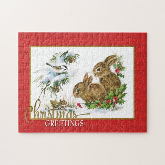 Kerstgroeten Konijnen  reproductie Legpuzzel (Horizontaal)