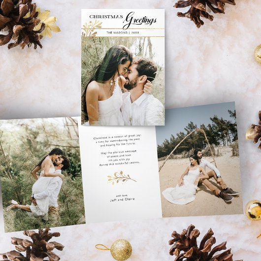 Kerstgroeten Manuscript/Glam Gold Leaves Drieluik Wenskaart