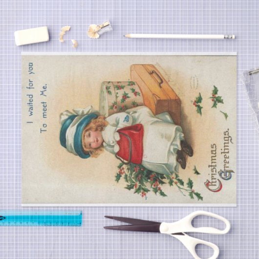 Kerstgroeten meisje wachten, Ellen Clapsaddle Tissuepapier (Craft)