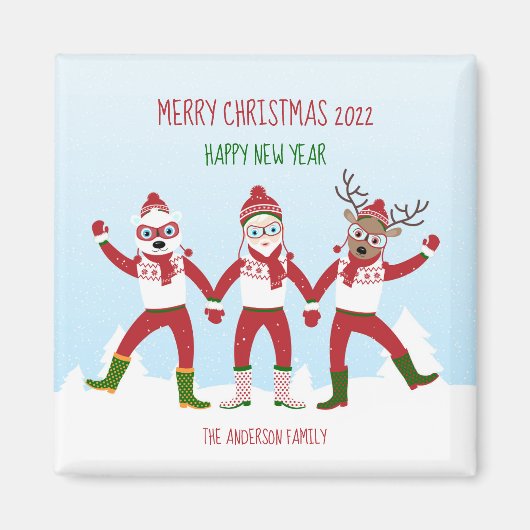 Kerstgroeten met Santa en Friends Magnet (Voorkant)