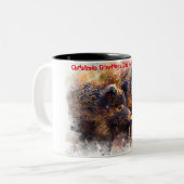 Kerstgroeten Papa Hunter Gatherer Tweekleurige Koffiemok (Voorkant links)