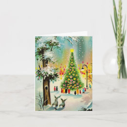 Kerstgroeten rondom een boom_1950 feestdagen kaart