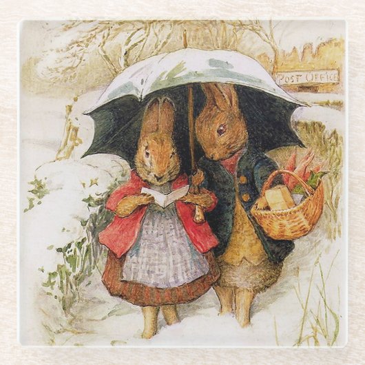 "Kerstgroeten" van Beatrix Potter Glazen Onderzetter (Voorkant)