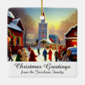 Kerstgroeten Village Churchgoers Kitsch Keramisch Ornament (Achterkant)