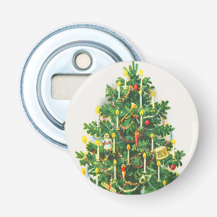 Kerstgroeten, vintage kaart, Kerstboom Button Flesopener