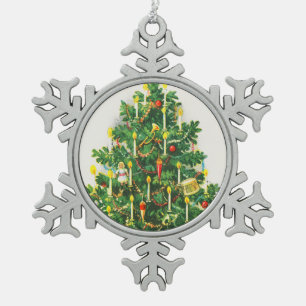 Kerstgroeten, vintage kaart, Kerstboom Tin Sneeuwvlok Ornament