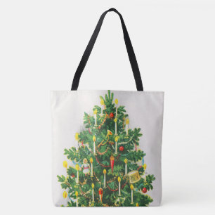 Kerstgroeten, vintage kaart, Kerstboom Tote Bag