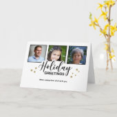 Kerstgroeten Wit 3 Foto Glitter Effect Kaart (Gele Bloem)