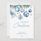 Kerstgroeten zilveren blauwe baubels feestdagenkaart (Voorkant)