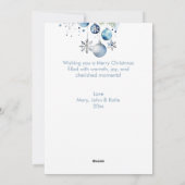 Kerstgroeten zilveren blauwe baubels feestdagenkaart (Achterkant)