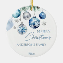 Kerstgroeten zilveren blauwe baubles foto keramisch ornament