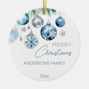 Kerstgroeten zilveren blauwe baubles foto keramisch ornament