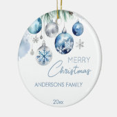 Kerstgroeten zilveren blauwe baubles foto keramisch ornament (Links)